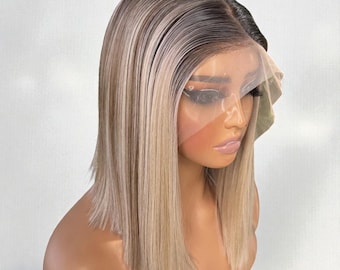 Blonde Balayage Bob-Perücke | 14-Zoll-gerade Spitze Frontal, Hitzebeständige Synthetische Perücke
