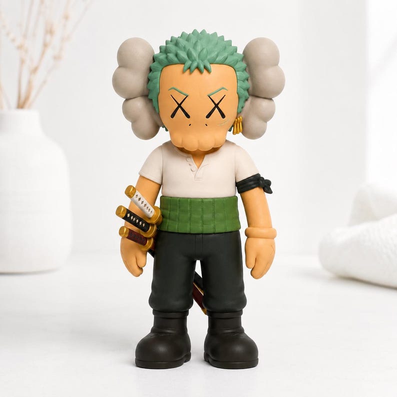 May include: A collectible vinyl figure featuring a character with green hair, X-shaped eyes, and tan skin. The figure wears a white shirt, a green sash, and black pants, and holds three miniature swords at its side with gray cloud-like ears.