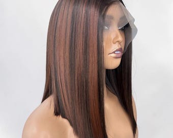 Peluca bob lisa de color marrón oscuro con encaje frontal / Peluca sintética frontal de 16 pulgadas (13x4) / Peluca de encaje humano resistente al calor sin pegamento