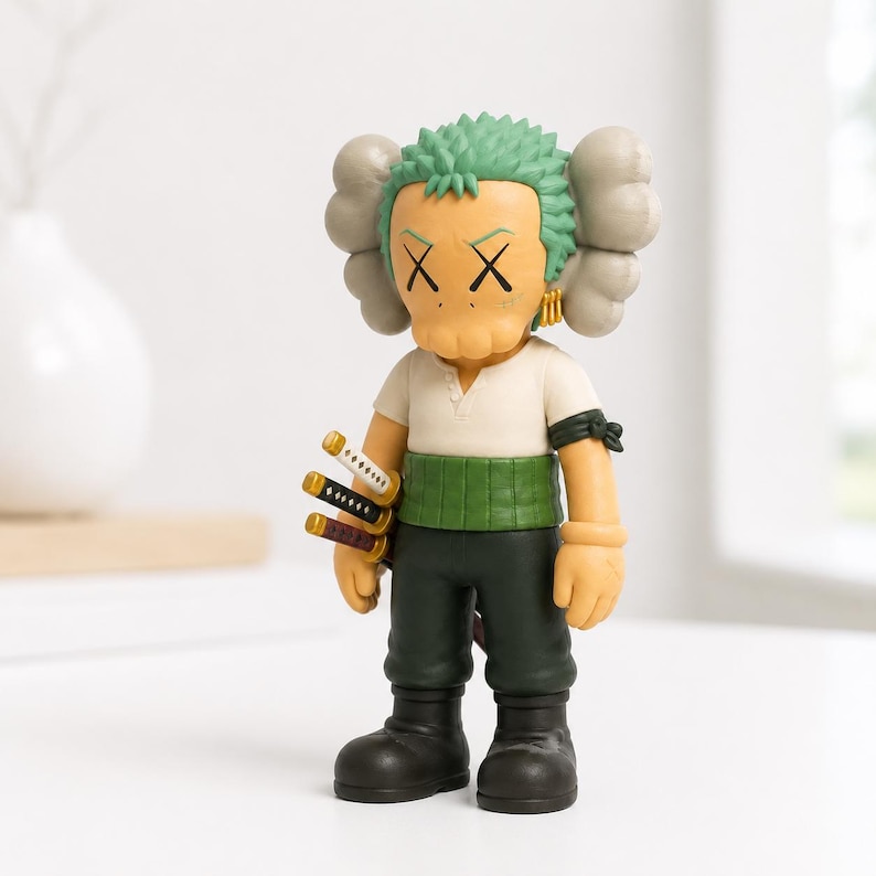 May include: A collectible vinyl figure featuring a character with green hair, X-shaped eyes, and grey cloud-like ears. The figure wears a white shirt, a green sash, dark green pants, and black boots, while holding three miniature swords at the side.