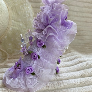 Glass Slipper Pin cushion, Resin glass slipper pin cushion, Purple decoration on clear glass slipper. 5 inches heel to toe, 6 inches tall.