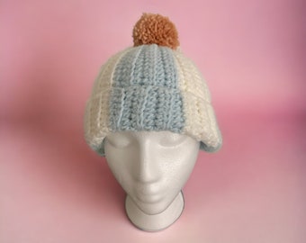 Soft Striped White Blue Pink Pom Pom Fisherman’s Beanie