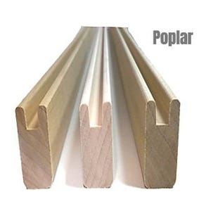 May include: Three unfinished poplar wood molding pieces with a U-shaped channel. The wood has a light, natural color and visible grain. The word "Poplar" is printed in gray text.