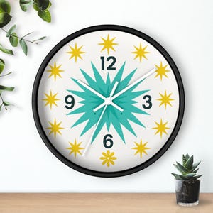 Mid Century Starburst Wall Clock with Turquoise and Yellow Retro Design - Funky Modern Decor Accent for Kitchen or Living Room