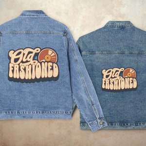 Vintage Inspired Denim Jacket for Women with Retro &quot;Old Fashioned&quot; Design, Classic Blue Jean Jacket, 70s Style Fashion - Vinyl Record Design