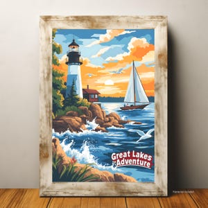 Great Lakes Travel Poster, Vintage Look Retro Lighthouse Wall Art, Nautical Coastal Print, Scenic Sailing Adventure Decor for Home