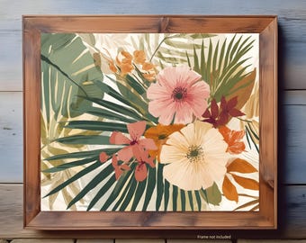 Impresión de arte mural con flores tropicales, póster de hojas y flores de la selva botánica, decoración moderna de mediados de siglo, arte mural bohemio colorido.
