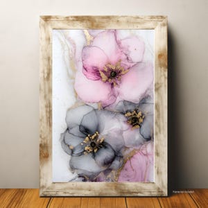 Póster con estampado de arte floral moderno: decoración de pared con flores rosas y grises, obra de arte botánica abstracta, elegante decoración para el hogar inspirada en la naturaleza