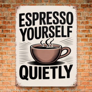 May include: A vintage-style metal sign with the words "ESPRESSO YOURSELF QUIETLY" in black lettering. A brown coffee cup with steam rising from it is in the center. The sign is set against a brick wall background.