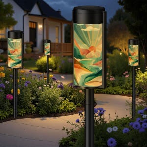 May include: A set of four black solar-powered garden path lights, each featuring a cylindrical glass panel printed with a colorful graphic of a stylized sun rising over rolling hills, mounted on thin black metal stakes in a garden.