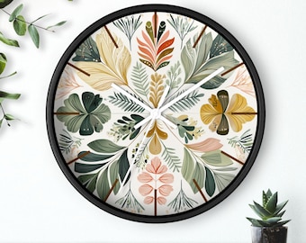 Mid Century Modern Wall Clock with Botanical Floral Design, Quiet Non Ticking Mechanism and Natural Wood Frame for Boho Retro Decor