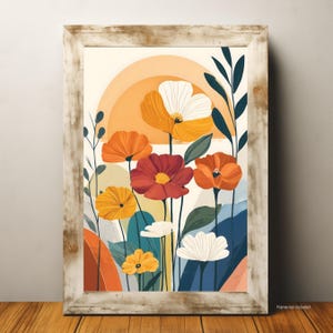 Retro 70s Floral Wall Art Print in Matisse Style, Abstract Wildflower Poster with Poppies and Sun, Vintage Botanical Nature Decor