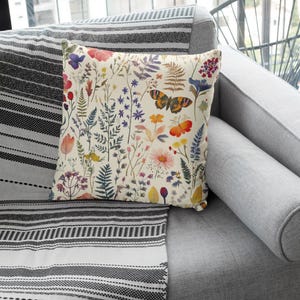 Vintage Botanical Throw Pillow Cover with Colorful Wildflowers and Butterflies, Boho Floral Cushion Cover for Couch, Sofa, or Bedroom Decor