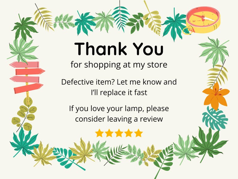 May include: A decorative card with a cream background, featuring the text "Thank You" in large black letters. The card includes a border of green and yellow leaves and a compass illustration. Text encourages reviews.