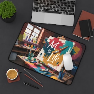 Art Is Life Painter&#39;s Desk Mat with Studio Illustration, Colorful Artist Workspace Mouse Pad for Creative Office Setup or Unique Gift Idea