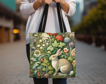 Bunny Floral Tote Bag: Vintage William Morris Style Rabbit Handbag
