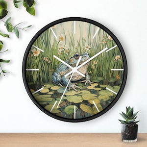 Frog Themed Nature Wall Clock with Water Lily Pond Design - Unique Animal Art Decor for Living Room, Office, or Bedroom