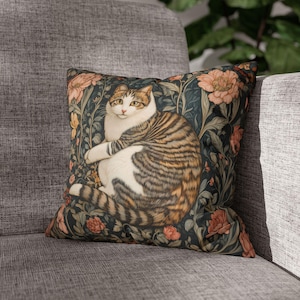 Funda de almohada con retrato de gato vintage, estilo William Morris, funda de cojín con estampado de gato intrincado