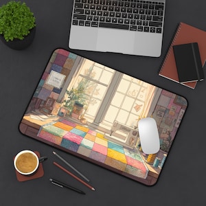 Quilting Schreibtischmatte mit gemütlicher Nähzimmer-Illustration, bunte Patchwork-Mausunterlage für Handwerker, Maker oder Quilter-Geschenk und kreatives Dekor