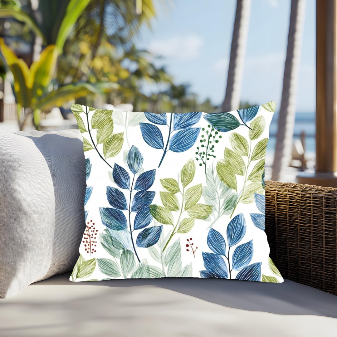 Scandinavian Outdoor Throw Pillow Blue Green Botanical Patio Cushion ...
