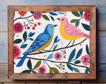 Stampa di uccelli colorati di arte popolare, decorazione moderna botanica da parete