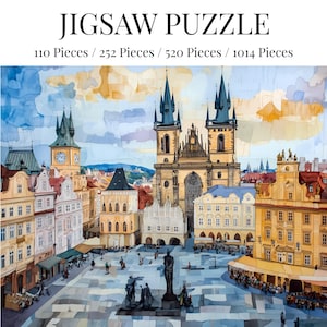 May include: A watercolor-style jigsaw puzzle depicting a cityscape with a large church in the center. The puzzle is available in 110, 252, 520, and 1014 pieces.