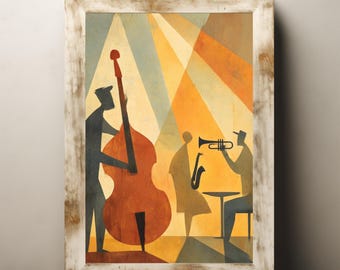 Retro Jazz Trio Wall Art Print Mid Century Modern Music Poster Abstract Band Illustration Vintage Style Saxophone Trumpet Bass Artwork Decor