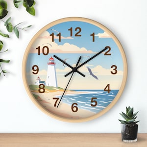 Reloj de pared con escena de faro y océano - Decoración náutica costera