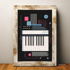 Pode incluir: Impressão de arte abstrata com um design de teclado em um fundo preto. A obra de arte inclui formas e linhas geométricas brancas, rosa e azuis. A impressão é exibida em uma moldura de madeira.