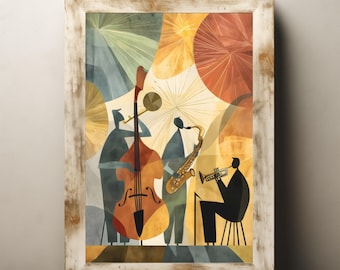 Retro jazzband väggkonsttryck mid-century modern musikposter abstrakt instrumentalkonstverk vintage musiker illustration för heminredning