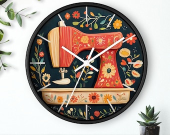 Vintage Sewing Machine Wall Clock for Embroiderers - Unique Embroidery Décor for Sewing Room, Craft Studio, or Home Office
