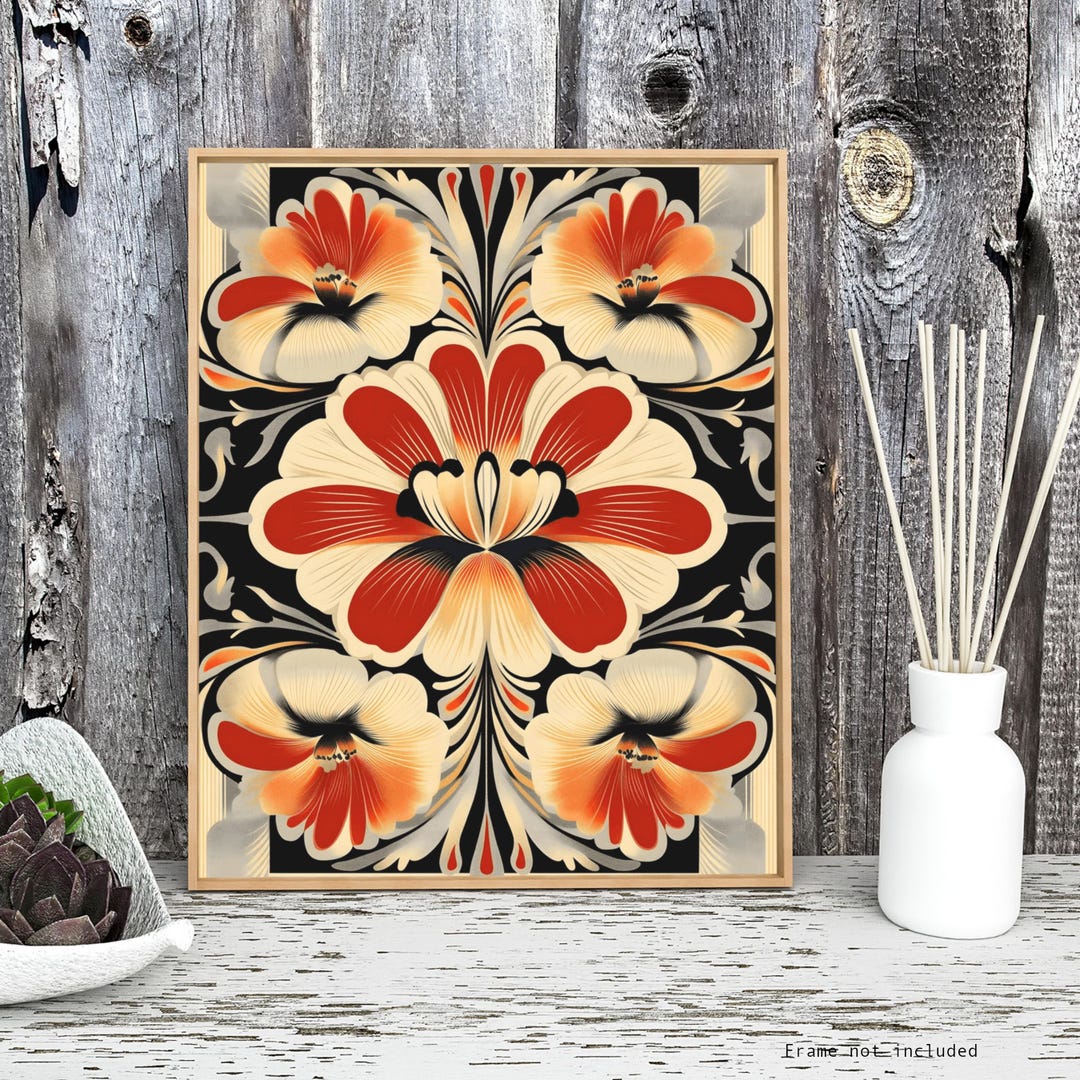 Vintage Floral Wall Art Poster - Bold Red and Cream Art Deco Botanical ...