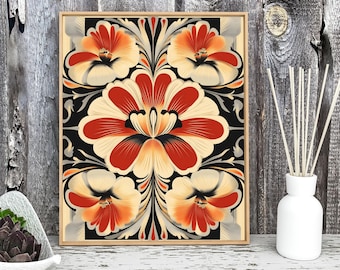 Vintage Floral Wall Art Poster - Bold Red and Cream Art Deco Botanical Print for Elegant, Boho, or Retro Home Decor