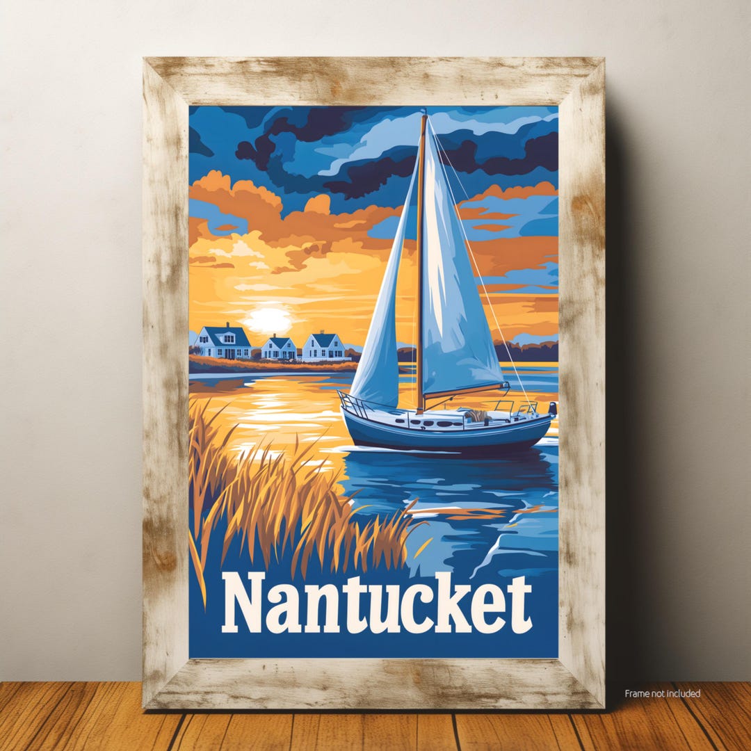 Nantucket Travel Poster, Coastal Wall Art, Nautical Sunset Print ...