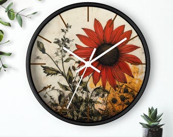Rustikale Blumen-Wanduhr mit Roter Sonnenblumenkunst, Vintage-inspiriertes Naturdekor für Wohnzimmer oder Küche, Bauernhausstil, Wohnkultur Geschenk