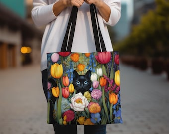 Borsa a tracolla riutilizzabile con motivo a gatto nero e fiori primaverili colorati, per gli amanti dei gatti