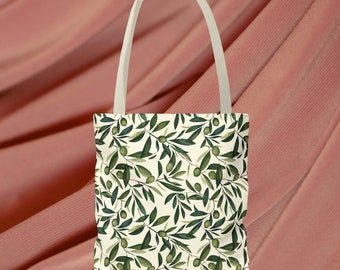 Elegant Olive Branch Pattern Tote Bag - Botanical Design - Stylish and Eco-Friendly Reusable Shopping Bag