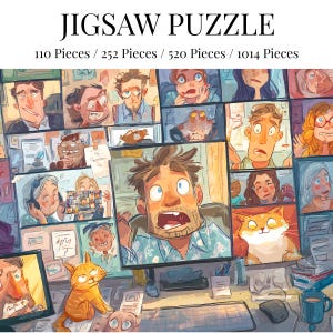 Könnte beinhalten: Ein Puzzle mit dem Text "JIGSAW PUZZLE" und Stückzahlen. Das Puzzle zeigt eine Illustration von Personen auf Computerbildschirmen, eine Katze und einen Mann mit schockiertem Gesichtsausdruck. Die Farbpalette umfasst Blau-, Orange- und Brauntöne.