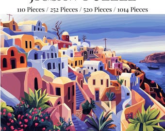 Puede incluir: Un rompecabezas colorido que representa un pueblo pintoresco con edificios blancos, techos azules y un camino sinuoso. El pueblo está situado en un acantilado con vistas a un océano azul. El rompecabezas está disponible en cuatro tamaños: 110 piezas, 252 piezas, 520 piezas y 1014 piezas.