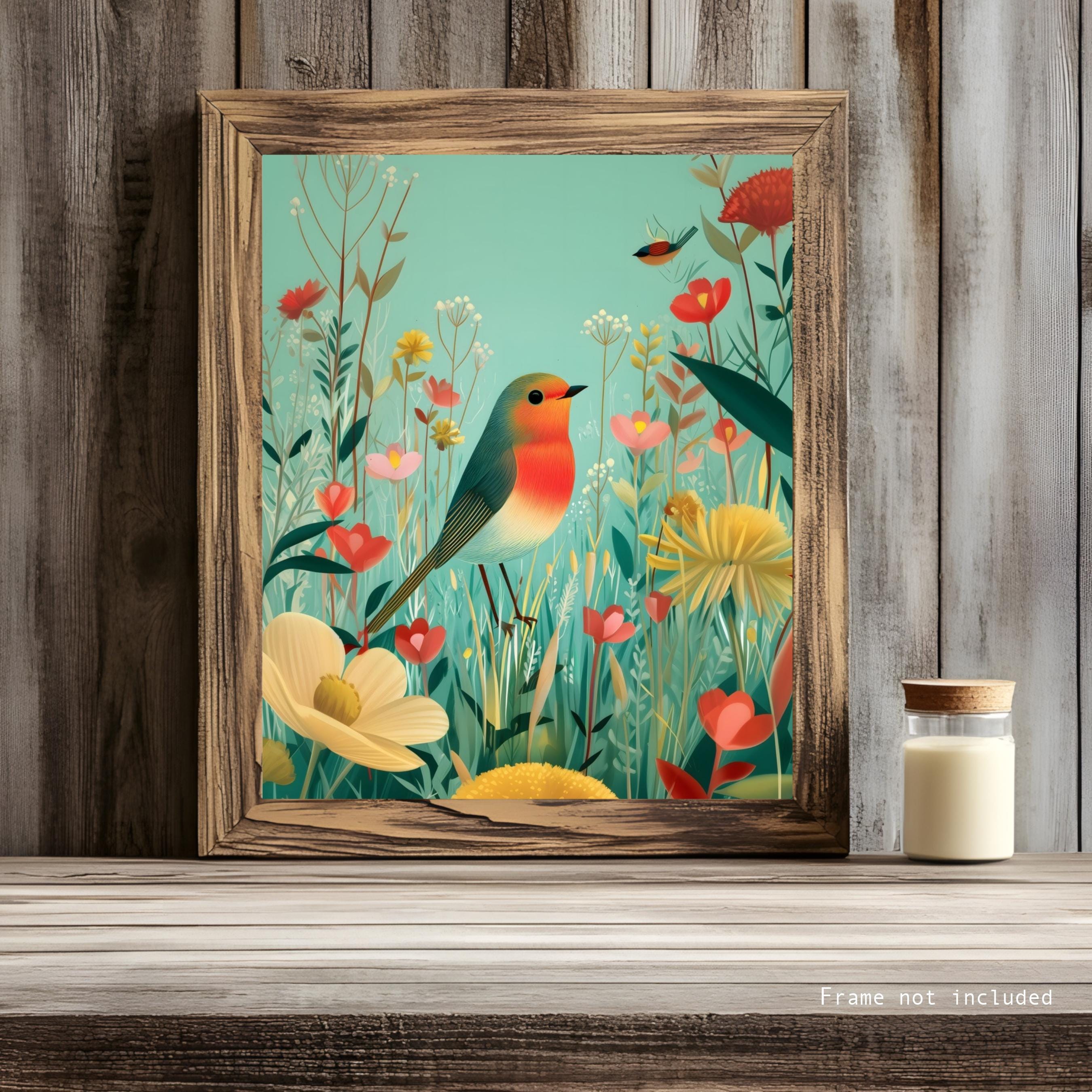 Spring Bird Wall Art Print With Colorful Robin and Wildflowers in ...