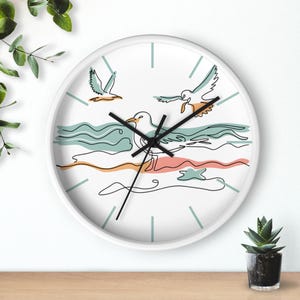 Beruhigende Möwen-Stranduhr, Wanduhr mit minimalistischem Küstenlinie Kunstdesign, moderne nautische Uhr, Ozean-Thema-Akzent, Küstengeschenkidee