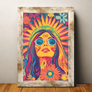 Póster de arte de pared hippie psicodélico, estampado colorido de mujer bohemia, obra de arte estética retro de los años 70, decoración de habitación con festival floral vibrante