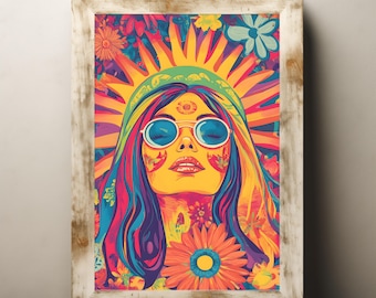 May include: A psychedelic art print featuring a woman with long, flowing hair, wearing sunglasses and a headband. The woman is surrounded by colorful flowers and a sunburst design.