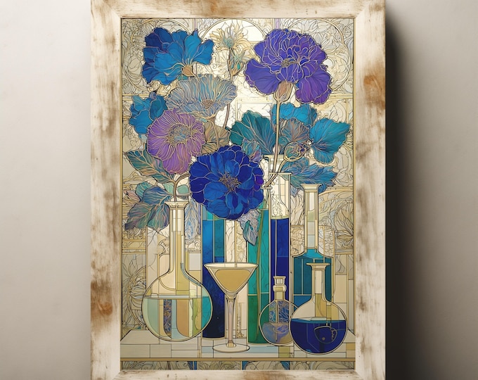 Botanical Science Painting with Blue and Purple Flowers in Chemistry Lab Glassware, Art Nouveau Floral Wall Art for Home or Office