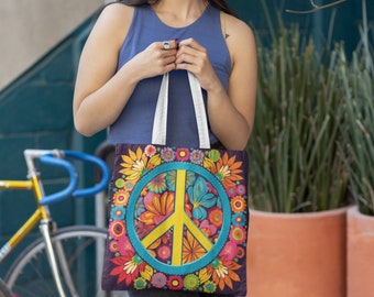 Groovy blommig väska Retro Hippie Estetisk Snygg Återanvändbar Tote - Livfull Peace Sign Tote Bag - Retro 60-talsstil