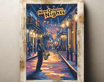 New Orleans Nights Poster, Retro Music Wall Art, Saxophone Jazz Player Print, Bourbon Street Neon Decor, French Quarter Travel Artwork