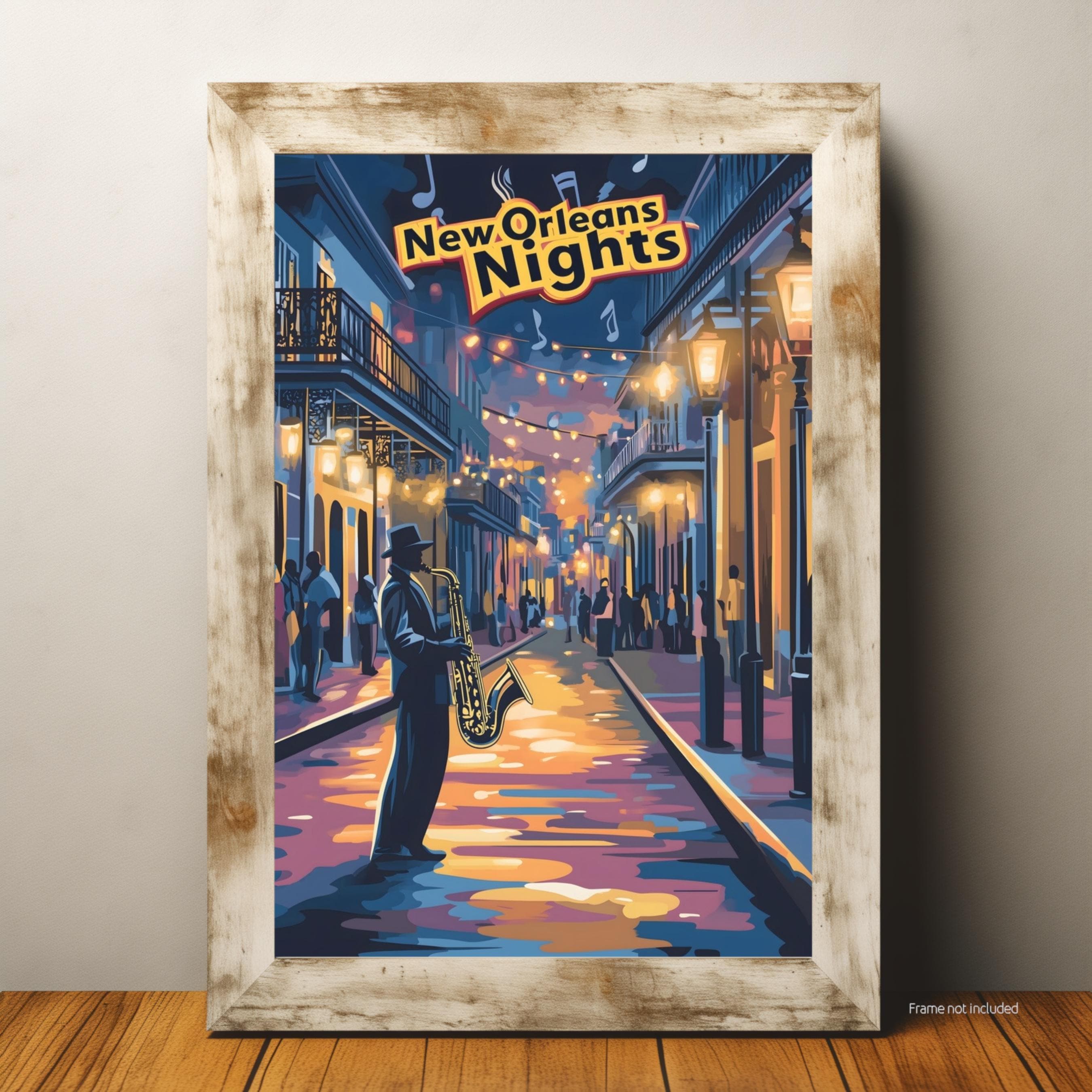 New Orleans Nights Poster, Retro Music Wall Art, Saxophone Jazz