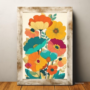 Retro Floral Wall Art Print 60s 70s Style Colorful Boho Flower Poster Mid Century Modern Botanical Illustration Vintage Aesthetic Decor
