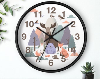 Woodland Animal Wall Clock with Cute Forest Creatures and Pastel Trees for Kids Room, Nursery, or Nature Inspired Decor