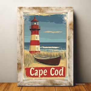 Cape Cod Lighthouse Poster, Vintage Coastal Wall Art, Nautical Beach Decor, Retro Seaside Print, New England Ocean Landscape Artwork